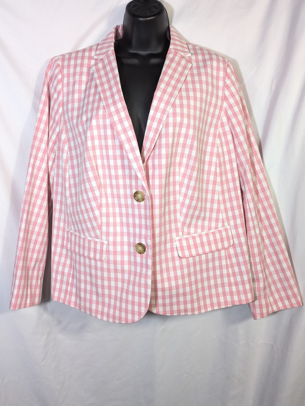 TALBOTS Pink White Check Cotton Blend 2 Button Lined Blazer Casual Coastal 14WP